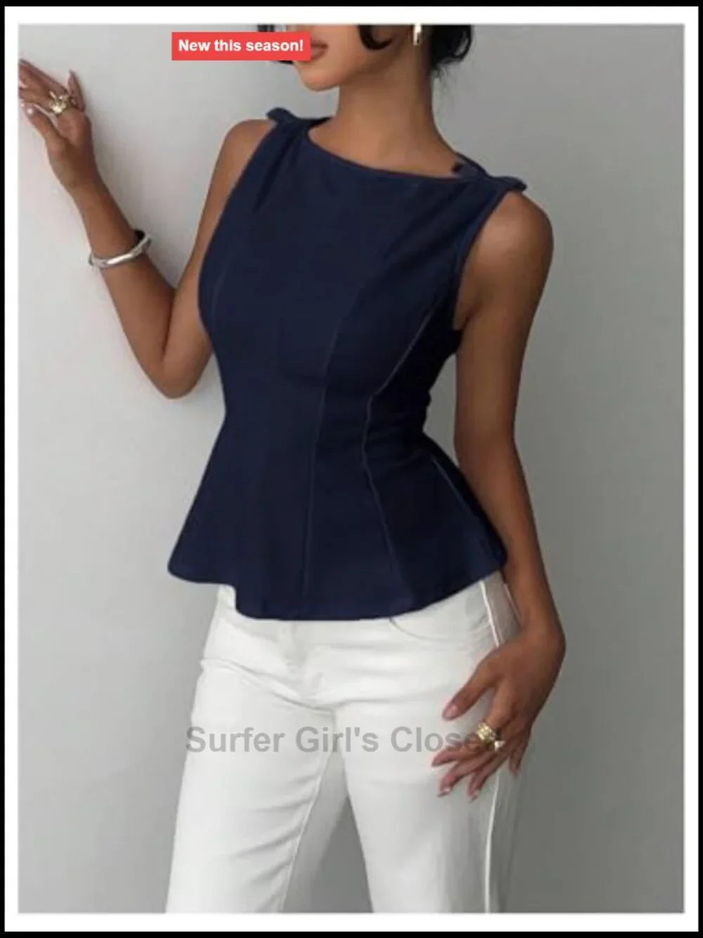 Women's Sleeveless Boat Neck Cinched Waist Peplum Tank Top Stretchable